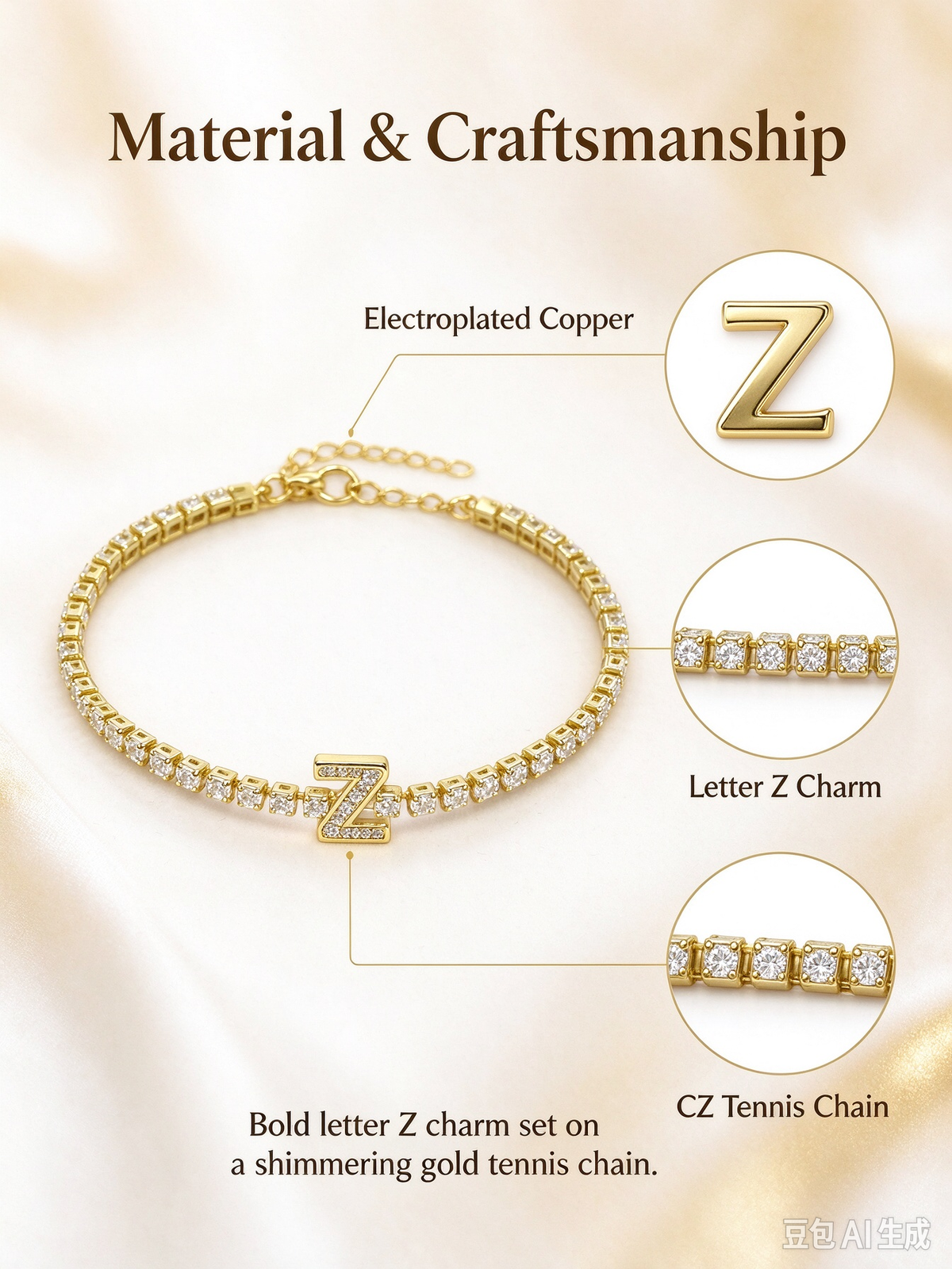 Shiny full crystal tennis bracelet with pave CZ covered letter Z charm, glamorous personalized bling jewelry.