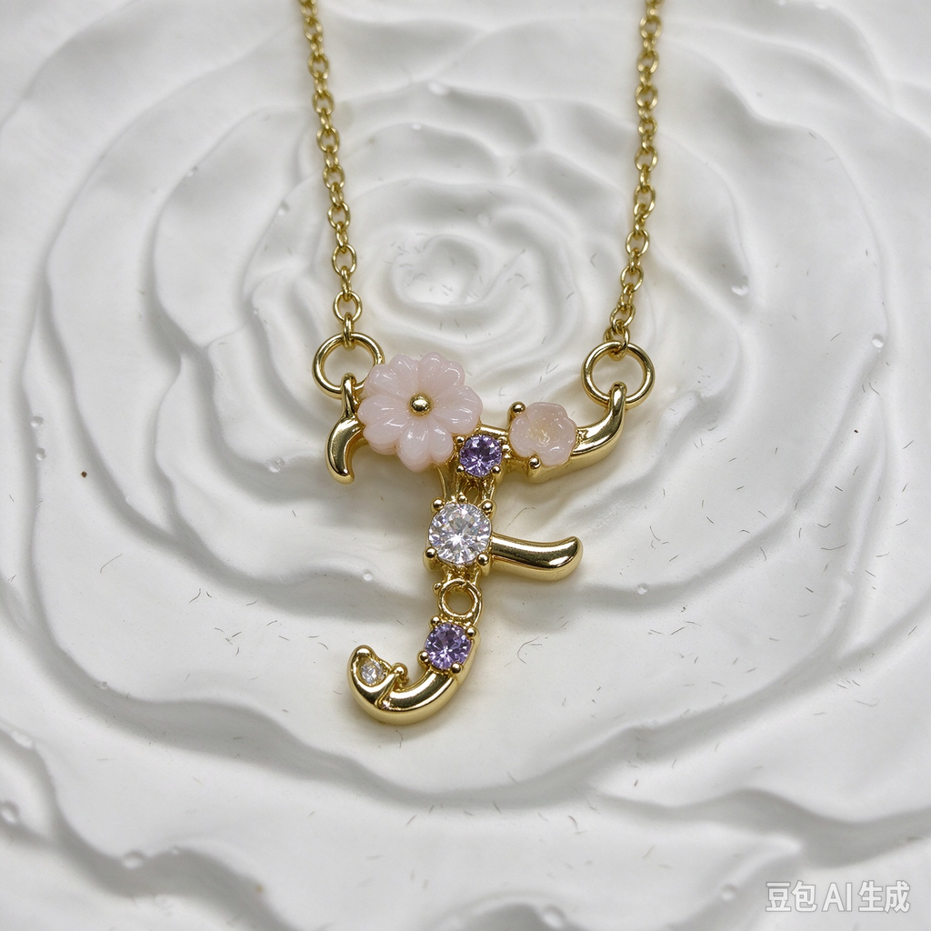 Dainty Gold Floral Letter F Initial Necklace, Pink Flower & Multicolor Crystal Pendant, Romantic Women Letter Jewelry