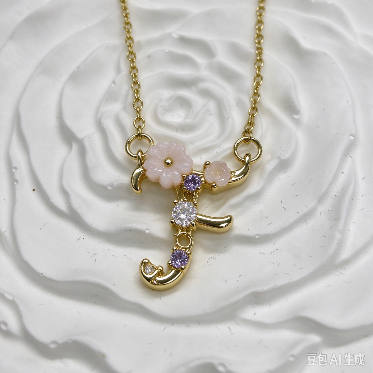 Dainty Gold Floral Letter F Initial Necklace, Pink Flower & Multicolor Crystal Pendant, Romantic Women Letter Jewelry