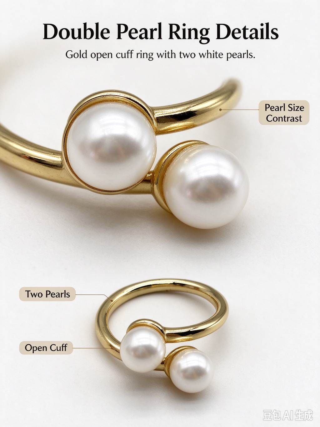 Double Pearl Twist Gold Open Adjustable Ring