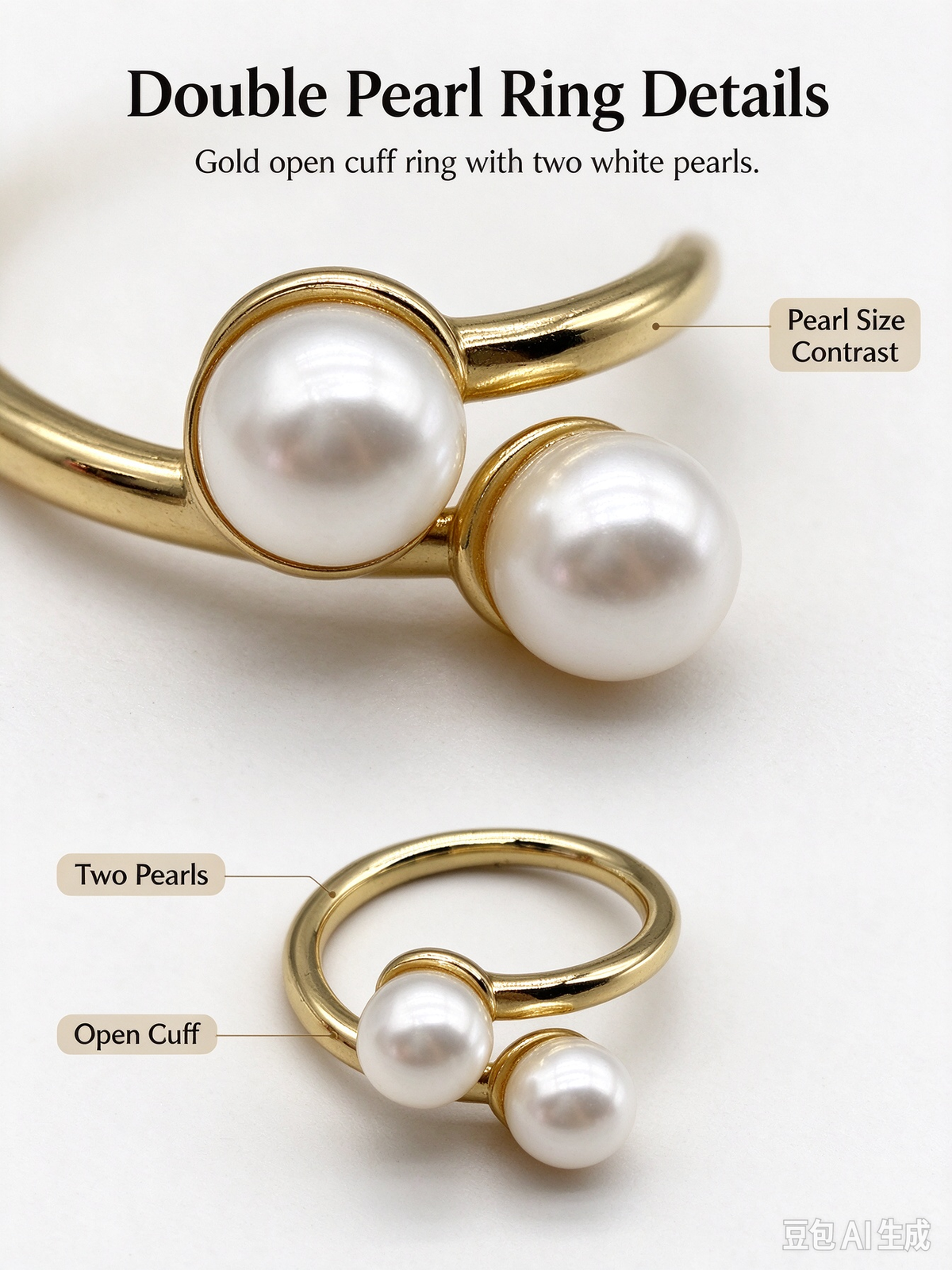 Double Pearl Twist Gold Open Adjustable Ring