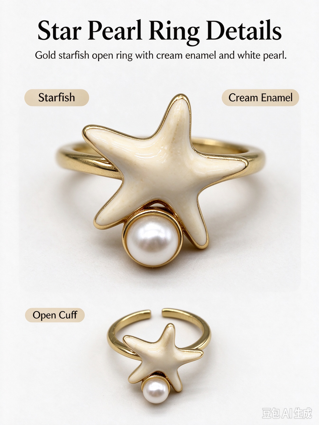 Starfish with Pearl Open Ring, Adjustable Beach Style Dainty Ring for Women
