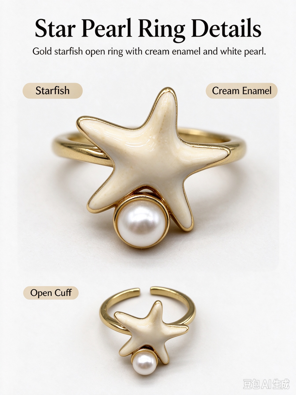 Starfish with Pearl Open Ring, Adjustable Beach Style Dainty Ring for Women
