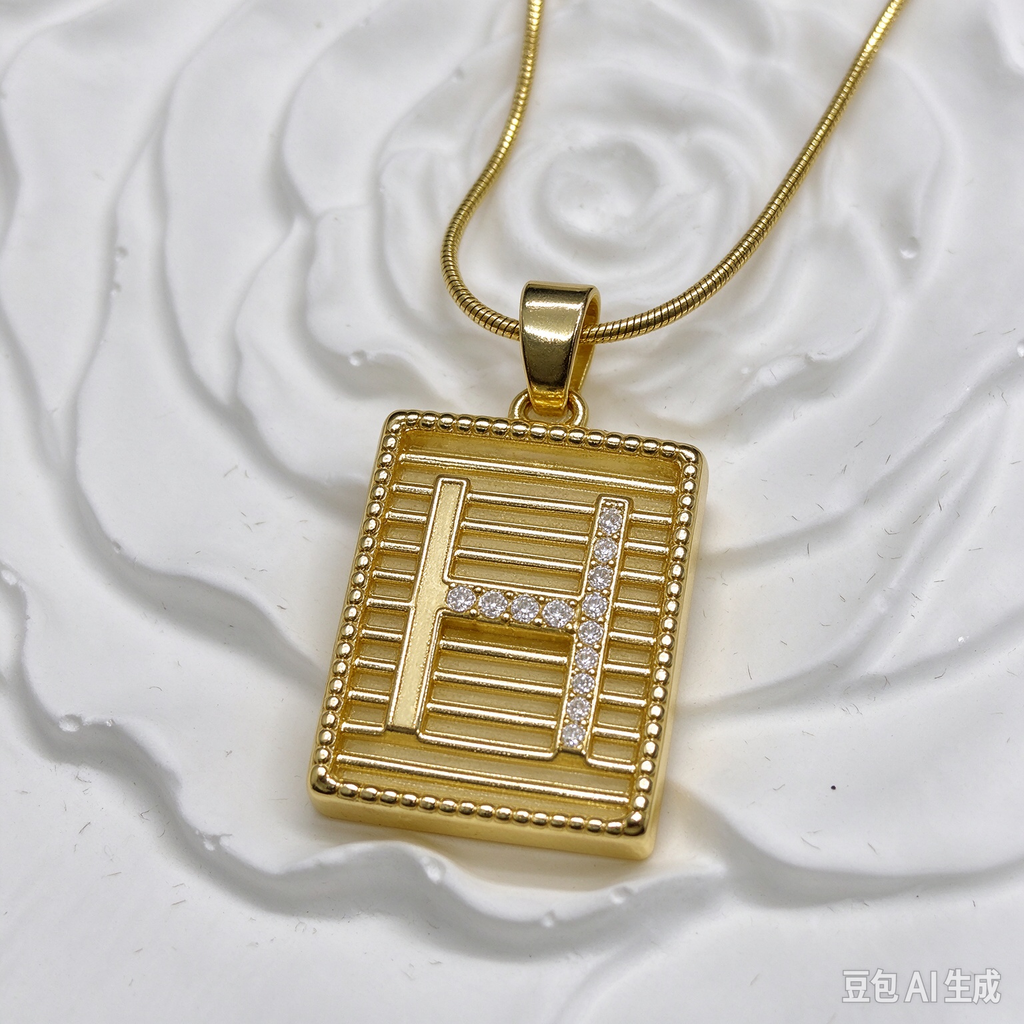 Gold Square H Letter Pendant Necklace, Rhinestone H Square Tag with Snake Chain, Elegant Women Jewelry