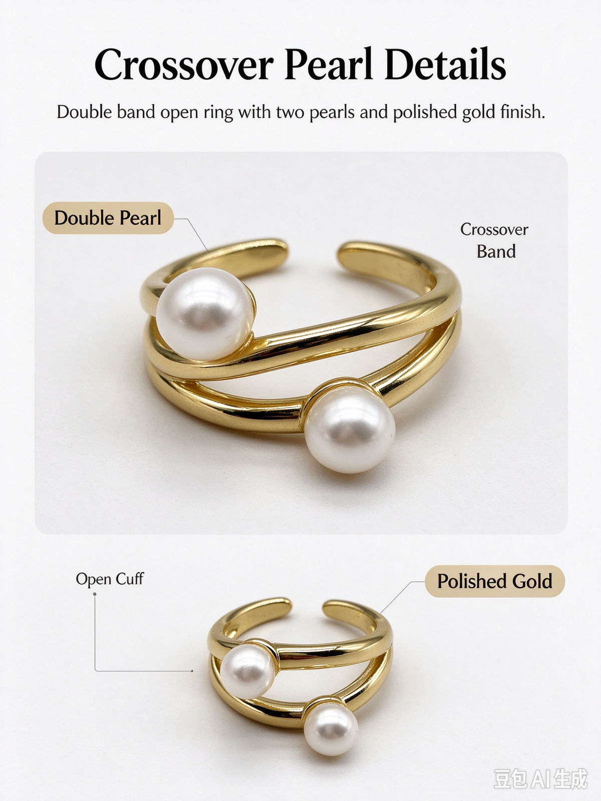 Gold Double Band Open Ring, Two Layered White Imitation Pearl Adjustable Cuff Ring for Women