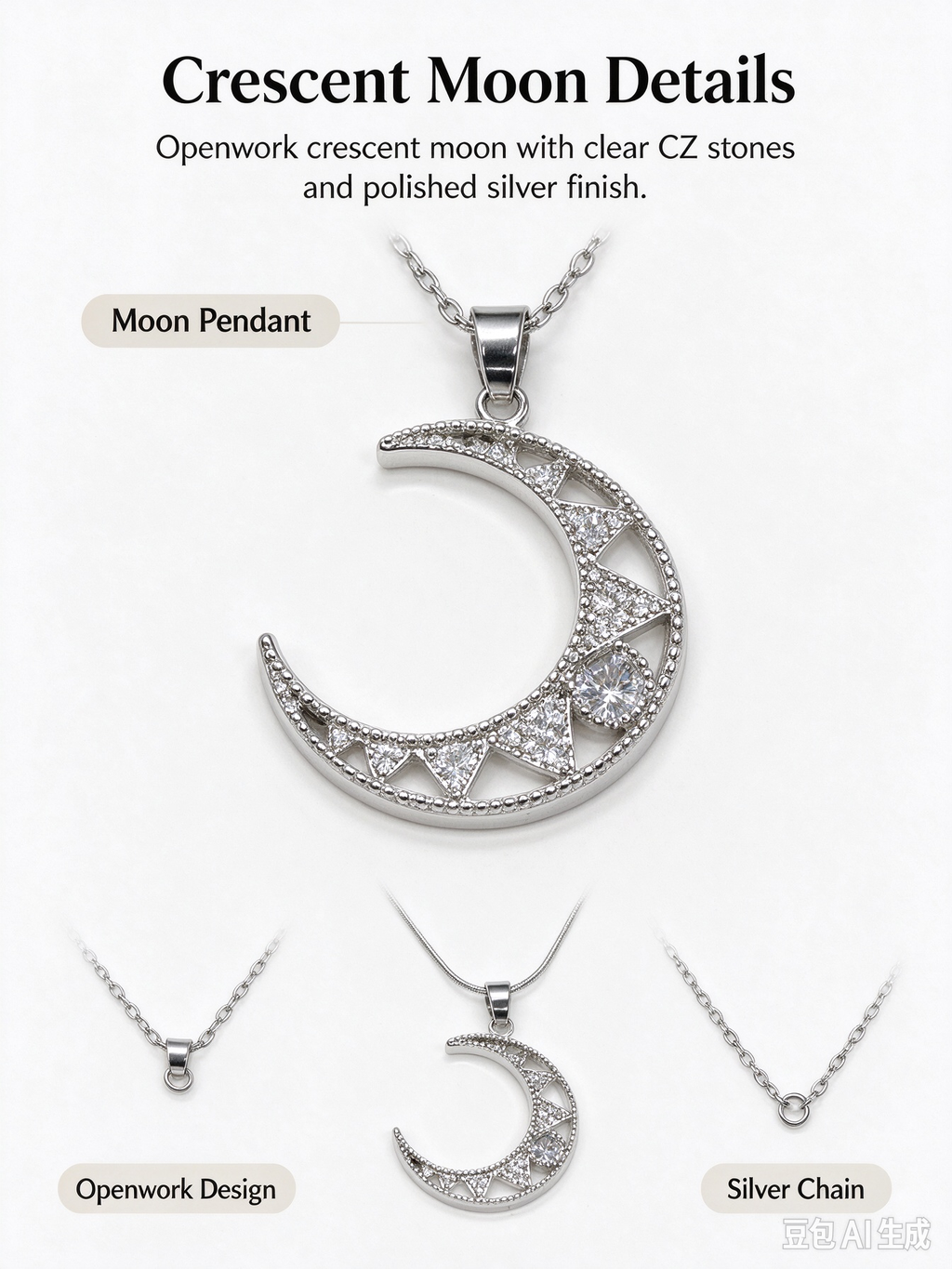 Silver Moon Star CZ Necklace, Hollow Crescent Moon Pendant with Star & Clear CZ, Silver Snake Chain