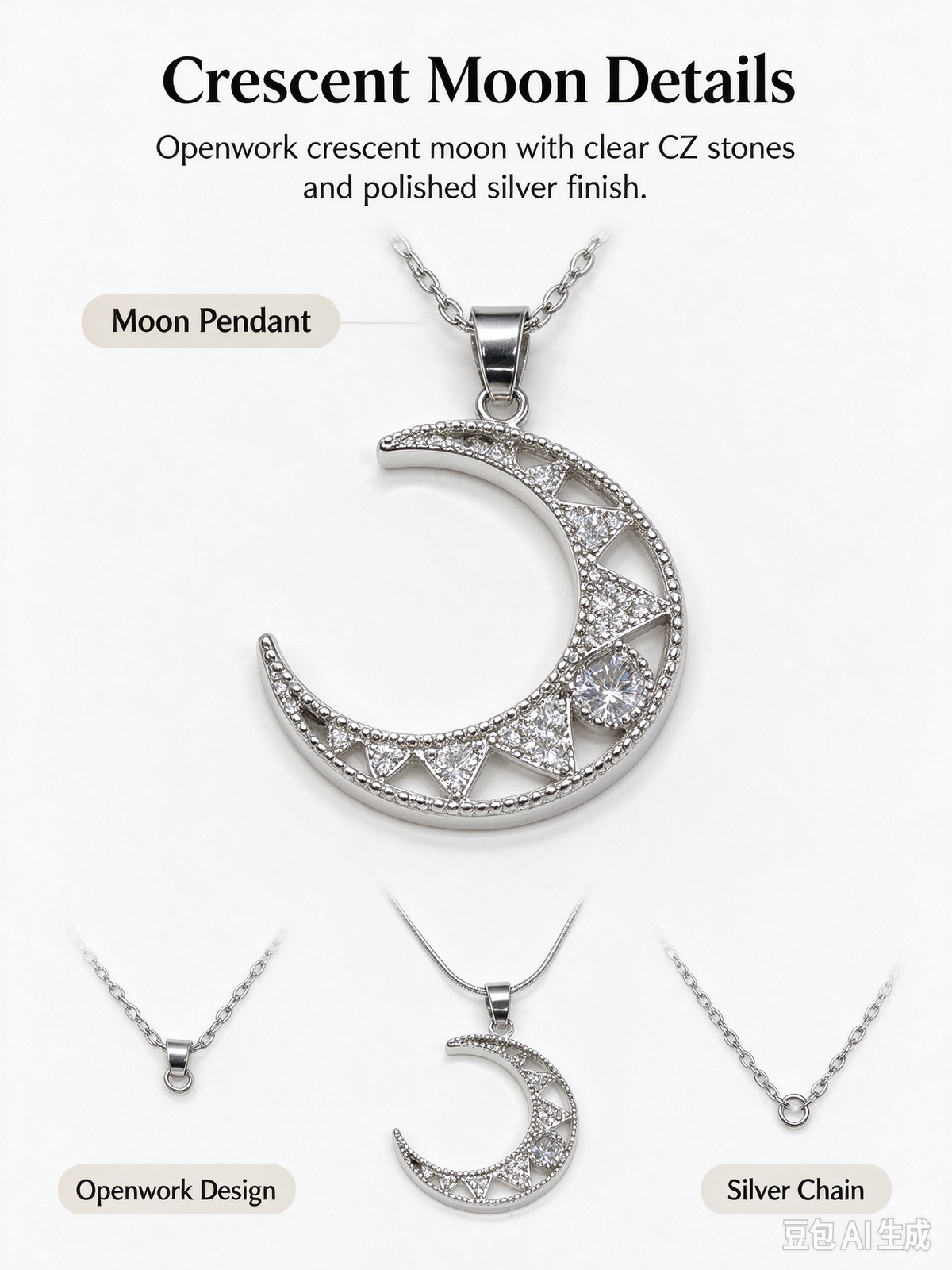 Silver Moon Star CZ Necklace, Hollow Crescent Moon Pendant with Star & Clear CZ, Silver Snake Chain