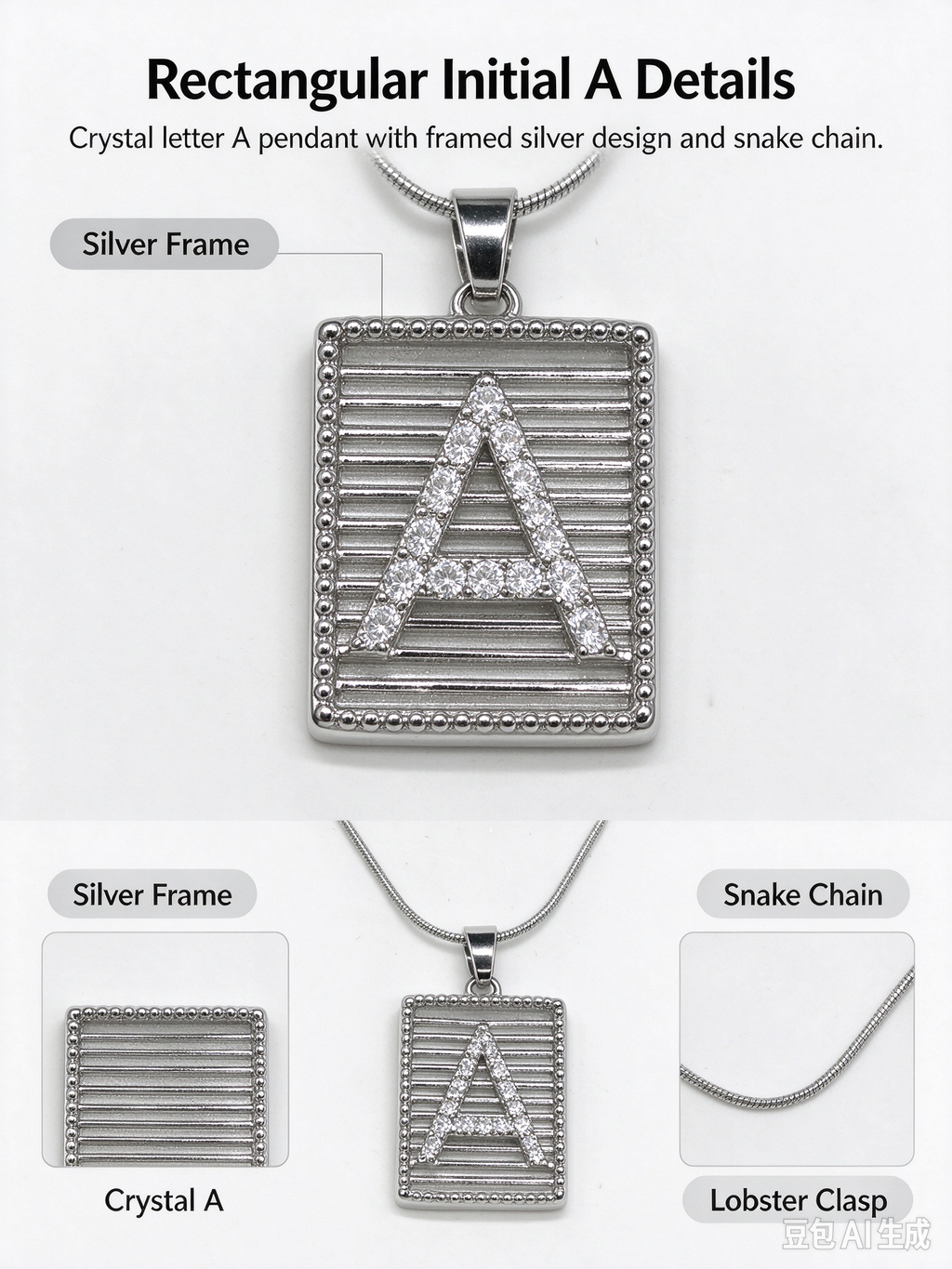 Square Striped A Initial Necklace, Silver Rhinestone Letter Pendant Snake Chain Necklace