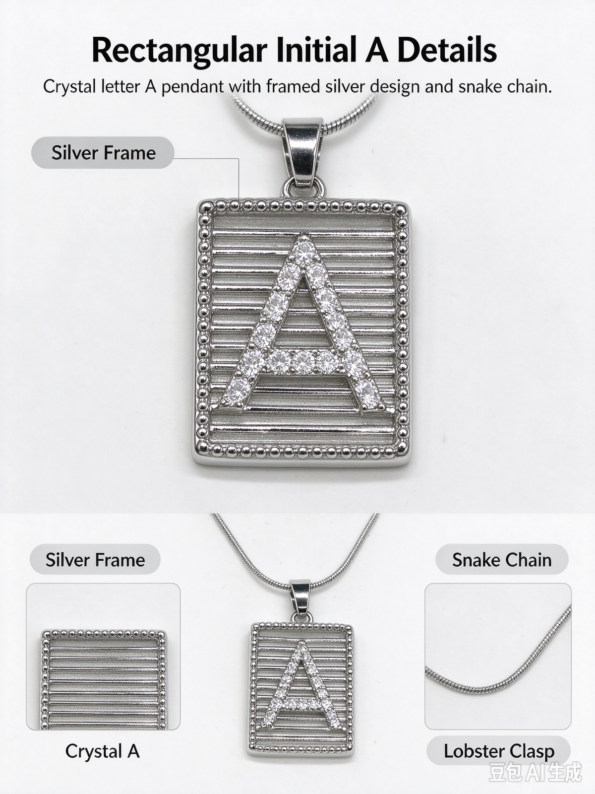 Square Striped A Initial Necklace, Silver Rhinestone Letter Pendant Snake Chain Necklace