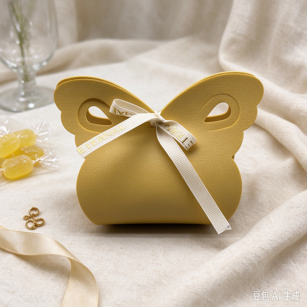 Mustard Yellow Butterfly Faux Leather Mini Pouch, White Ribbon Bow Small Gift Bag for Wedding Favors, Bridal Shower, Party Candy & Tiny Trinkets
