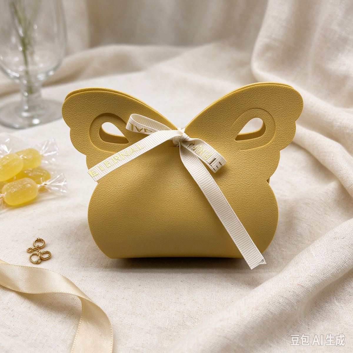 Mustard Yellow Butterfly Faux Leather Mini Pouch, White Ribbon Bow Small Gift Bag for Wedding Favors, Bridal Shower, Party Candy & Tiny Trinkets