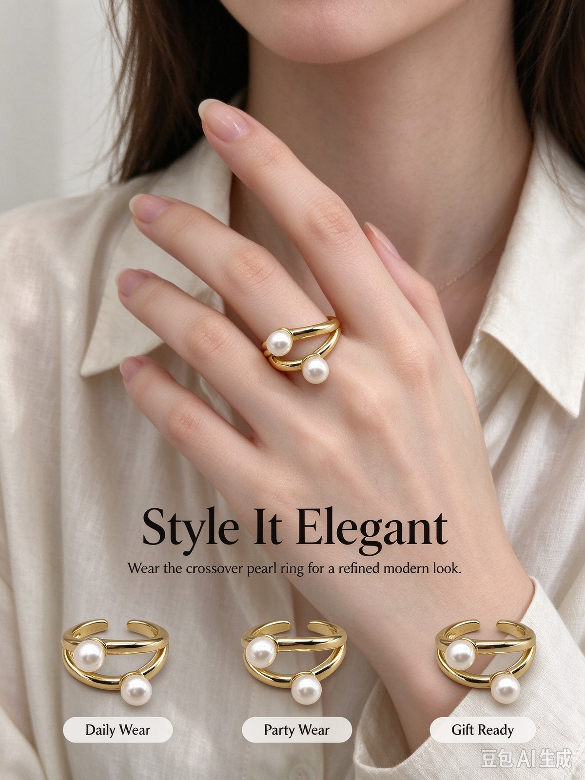Gold Double Band Open Ring, Two Layered White Imitation Pearl Adjustable Cuff Ring for Women