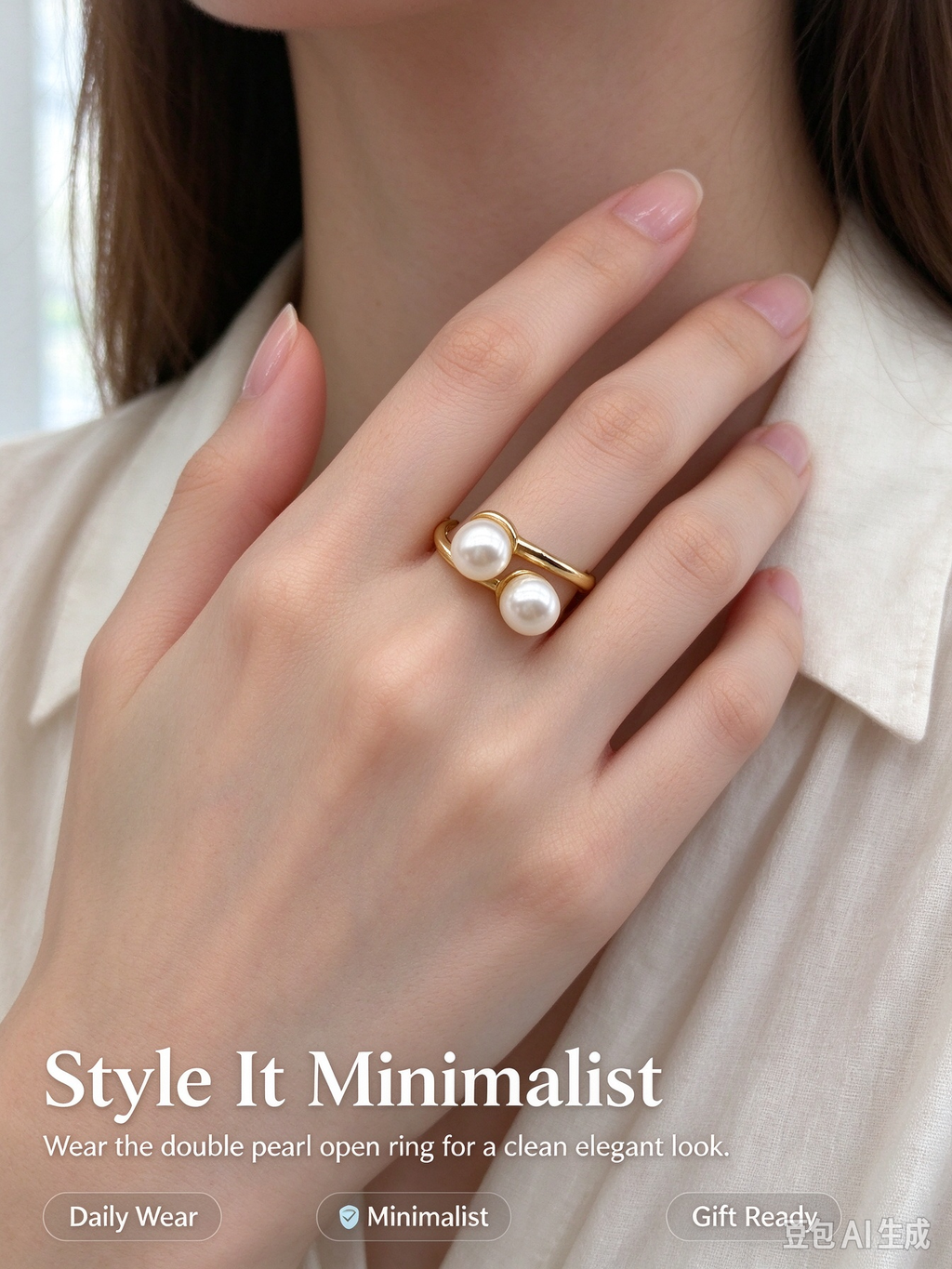 Double Pearl Twist Gold Open Adjustable Ring
