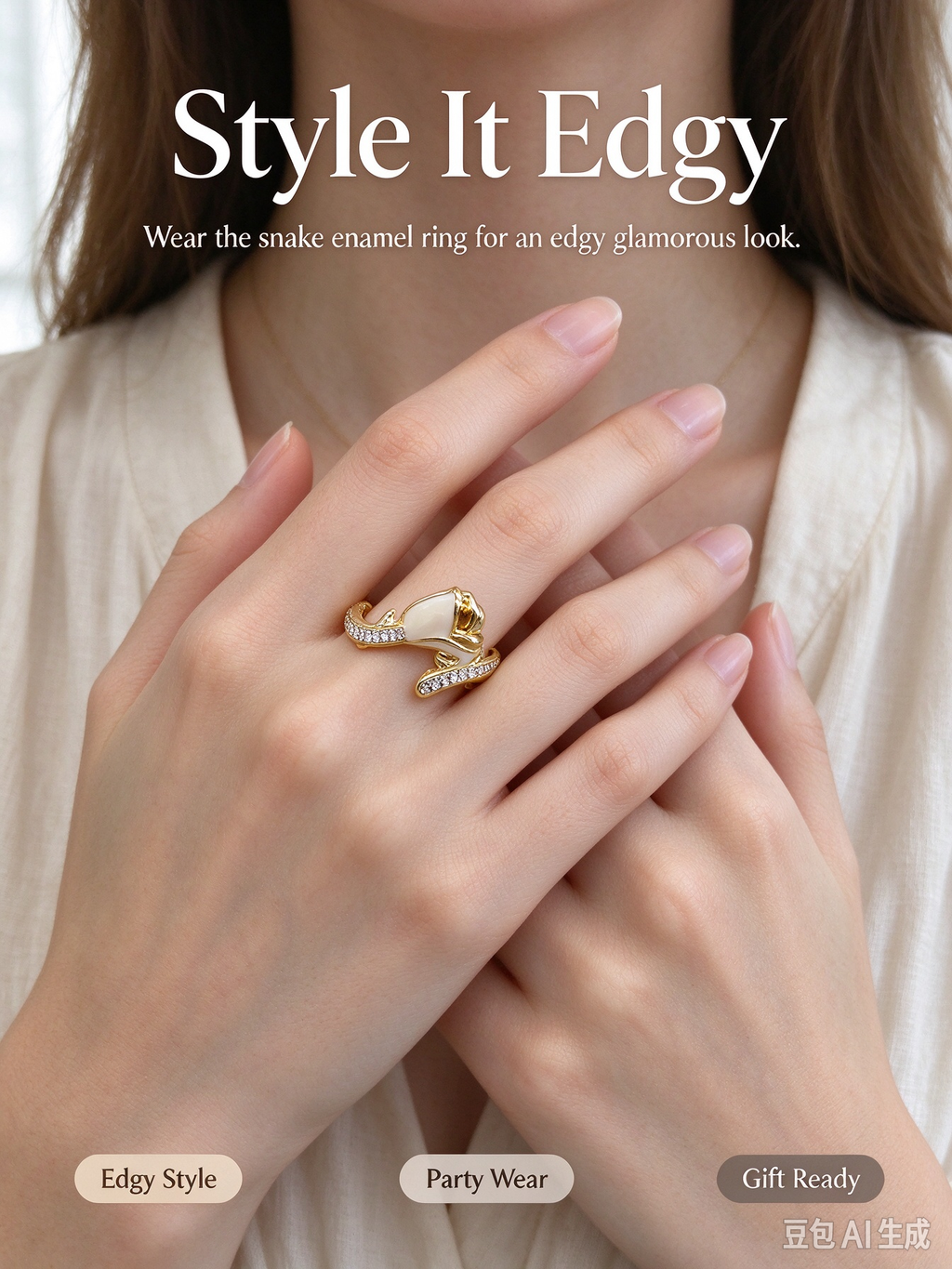 Gold Tulip Flower Twist Open Ring, Cream Teardrop Stone & Side CZ Adjustable Ring for Women