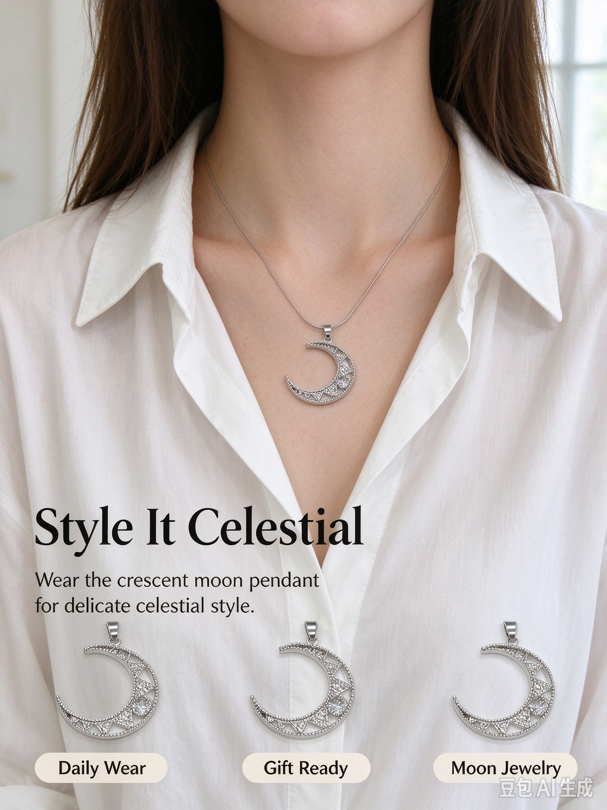Silver Moon Star CZ Necklace, Hollow Crescent Moon Pendant with Star & Clear CZ, Silver Snake Chain