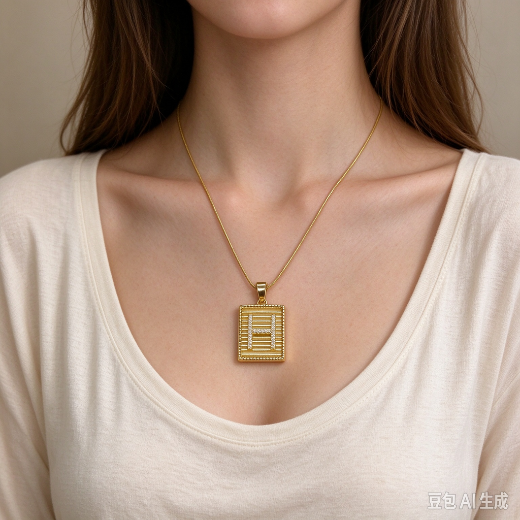 Gold Square H Letter Pendant Necklace, Rhinestone H Square Tag with Snake Chain, Elegant Women Jewelry