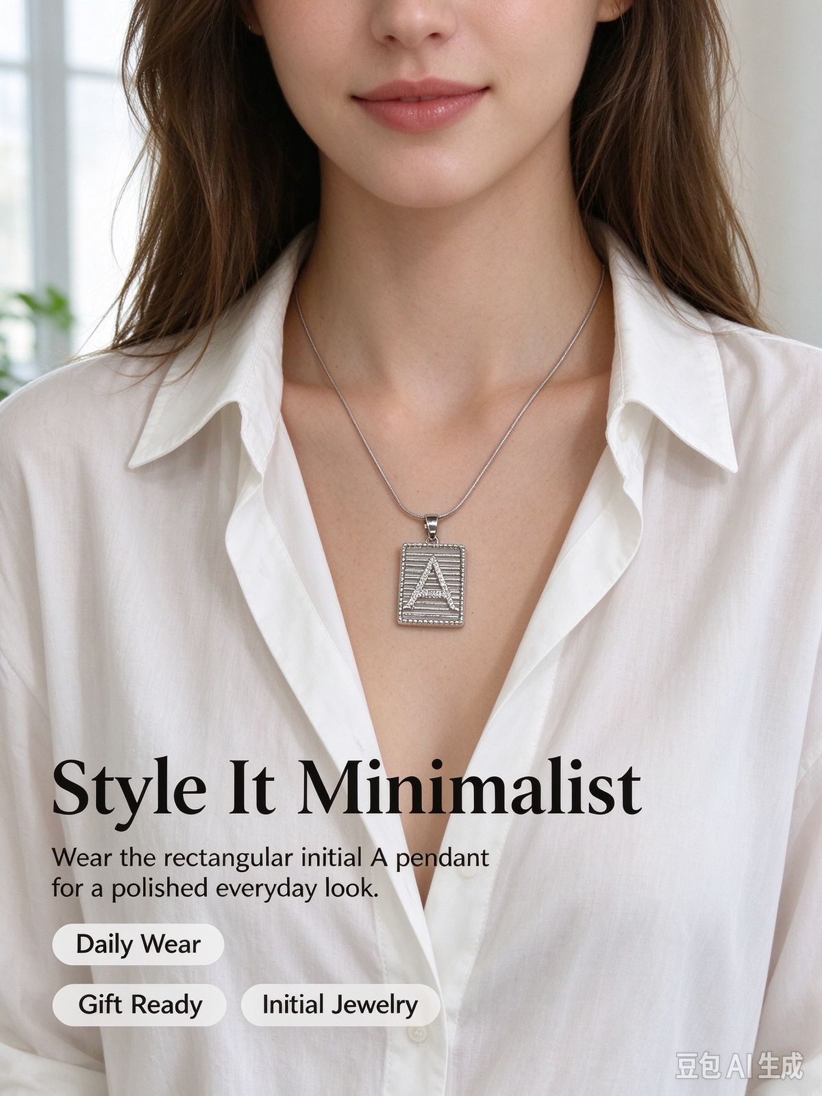 Square Striped A Initial Necklace, Silver Rhinestone Letter Pendant Snake Chain Necklace