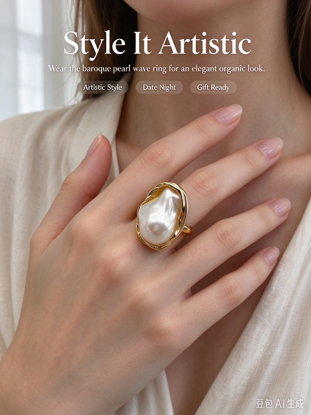 Organic Twisted Wrapped Large Baroque Pearl Ring
