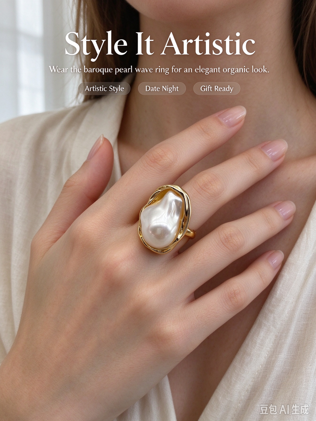 Organic Twisted Wrapped Large Baroque Pearl Ring