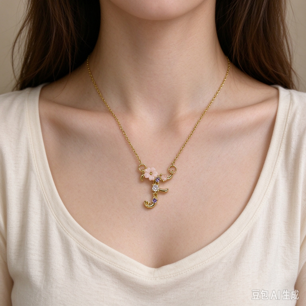Dainty Gold Floral Letter F Initial Necklace, Pink Flower & Multicolor Crystal Pendant, Romantic Women Letter Jewelry