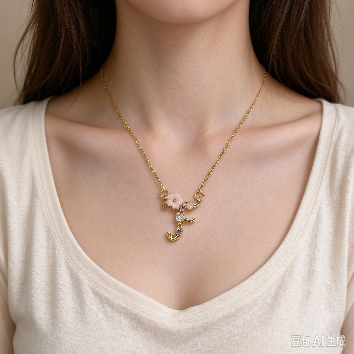 Dainty Gold Floral Letter F Initial Necklace, Pink Flower & Multicolor Crystal Pendant, Romantic Women Letter Jewelry