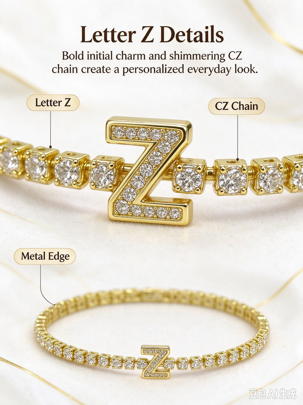 Shiny full crystal tennis bracelet with pave CZ covered letter Z charm, glamorous personalized bling jewelry.