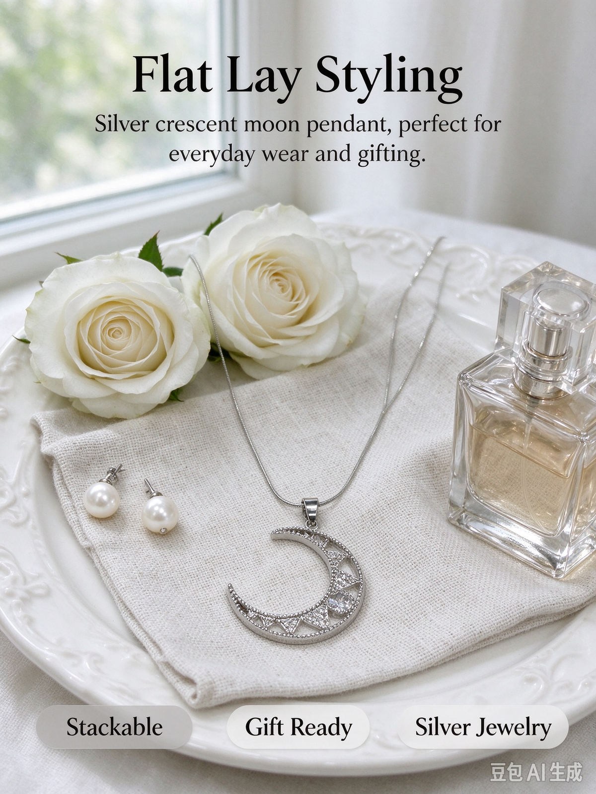 Silver Moon Star CZ Necklace, Hollow Crescent Moon Pendant with Star & Clear CZ, Silver Snake Chain