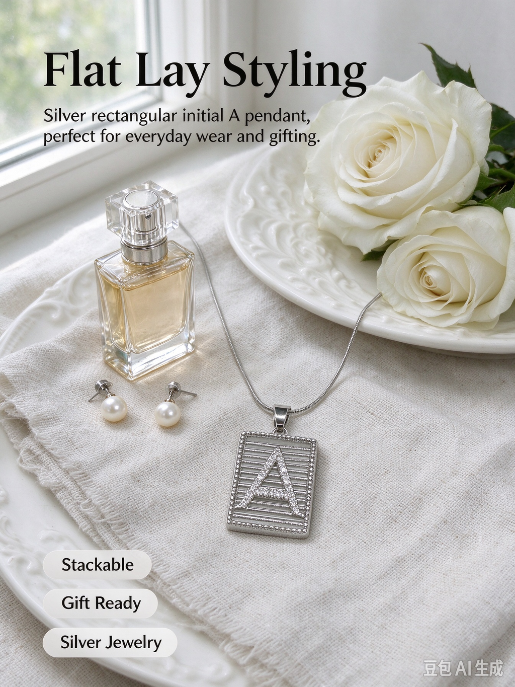 Square Striped A Initial Necklace, Silver Rhinestone Letter Pendant Snake Chain Necklace