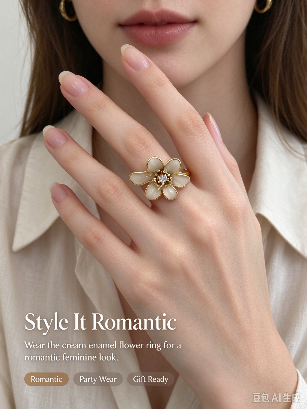 Large Cream Enamel Flower Open Ring with Crystal Center, Adjustable Floral Statement Ring