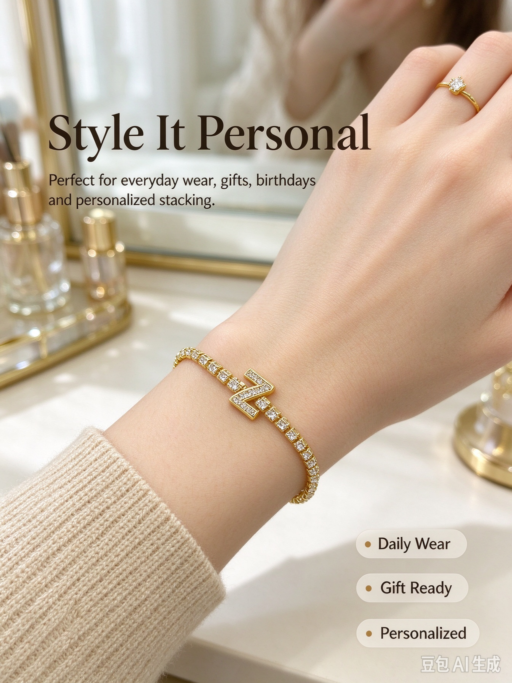 Shiny full crystal tennis bracelet with pave CZ covered letter Z charm, glamorous personalized bling jewelry.