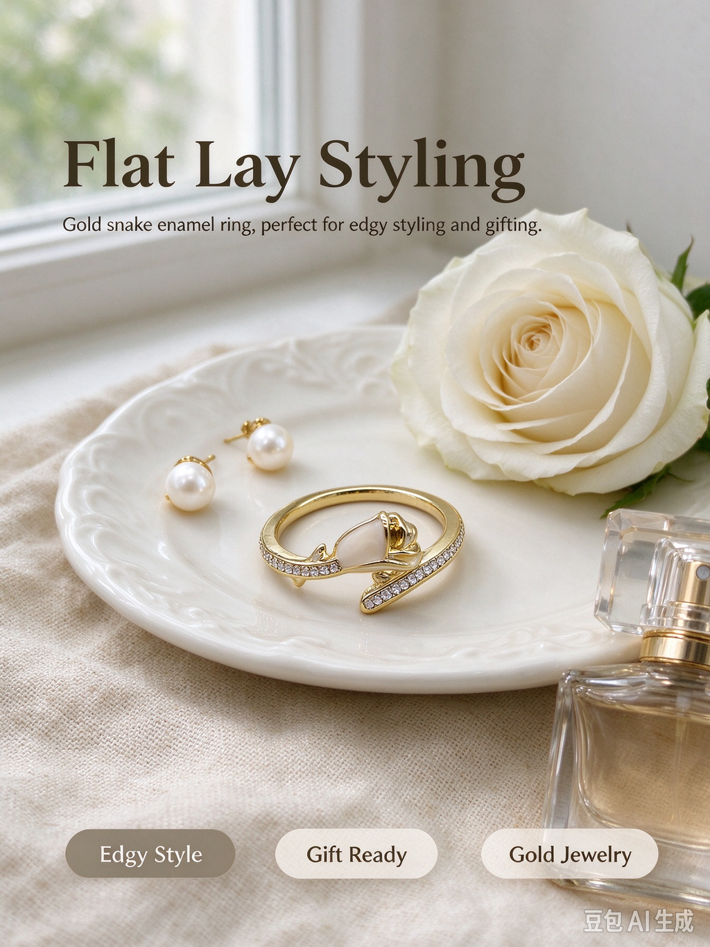 Gold Tulip Flower Twist Open Ring, Cream Teardrop Stone & Side CZ Adjustable Ring for Women