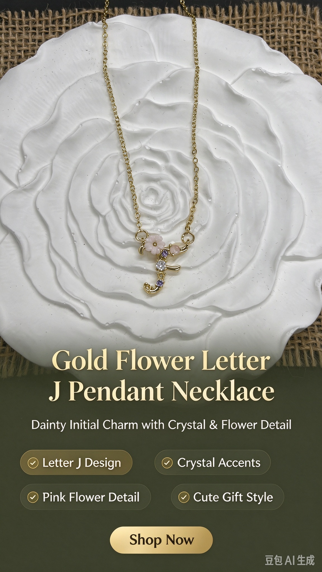 Dainty Gold Floral Letter F Initial Necklace, Pink Flower & Multicolor Crystal Pendant, Romantic Women Letter Jewelry