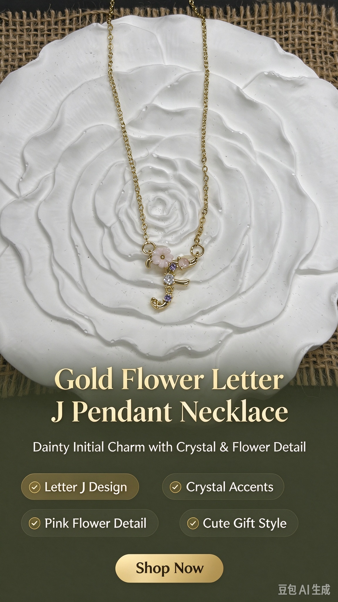 Dainty Gold Floral Letter F Initial Necklace, Pink Flower & Multicolor Crystal Pendant, Romantic Women Letter Jewelry