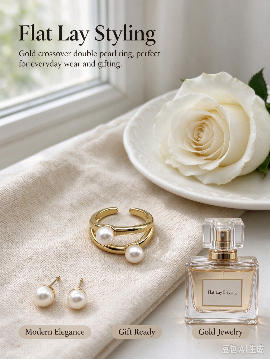 Gold Double Band Open Ring, Two Layered White Imitation Pearl Adjustable Cuff Ring for Women