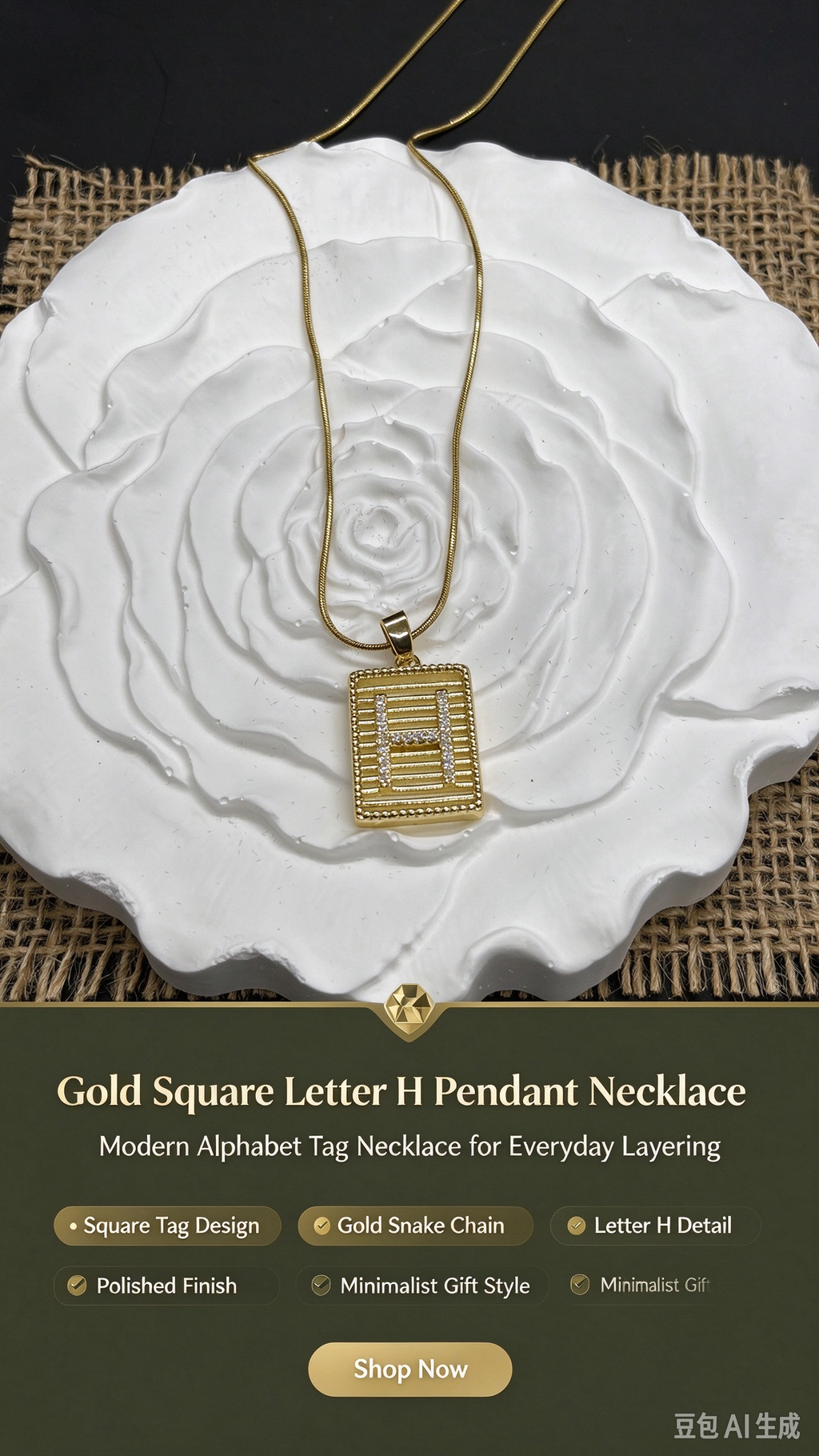 Gold Square H Letter Pendant Necklace, Rhinestone H Square Tag with Snake Chain, Elegant Women Jewelry