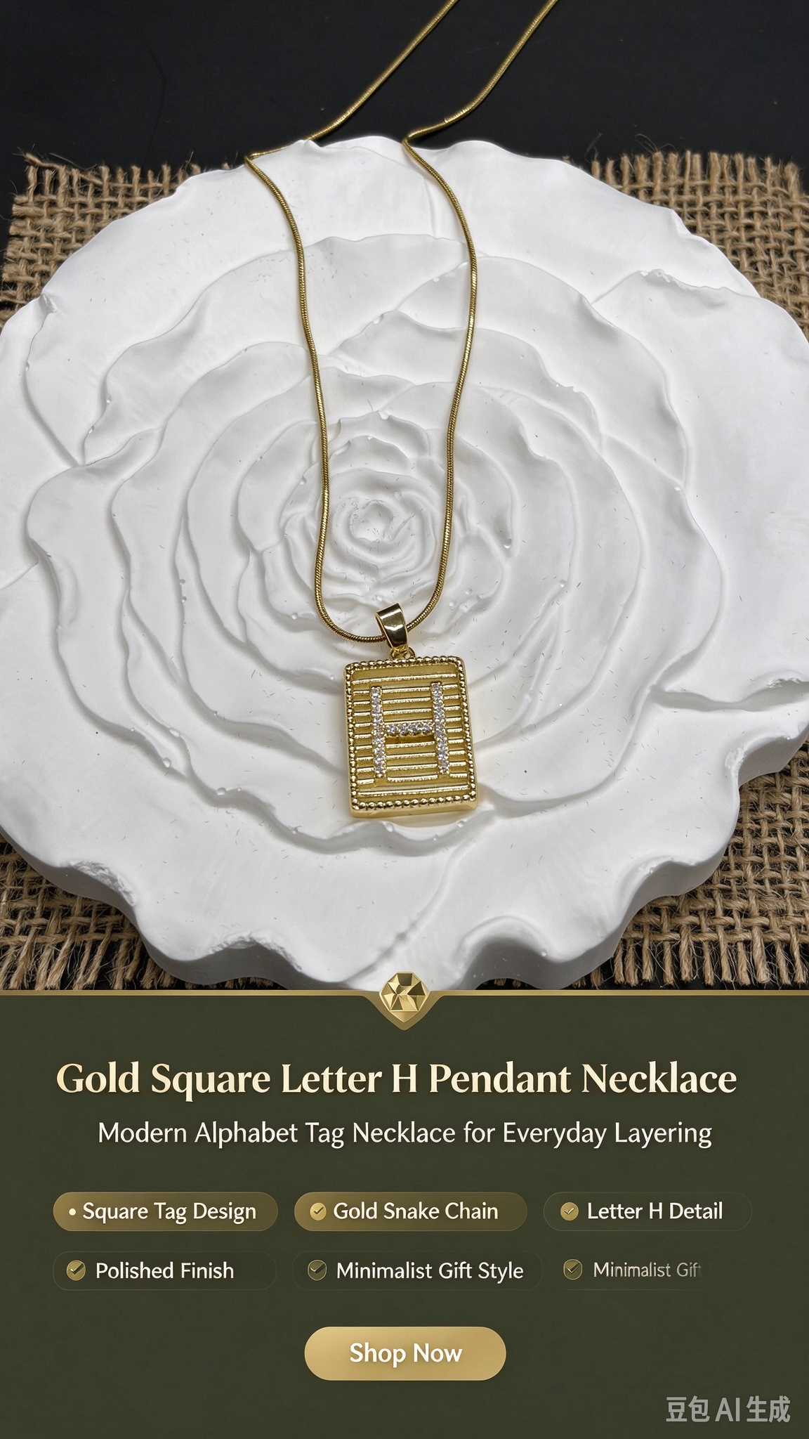 Gold Square H Letter Pendant Necklace, Rhinestone H Square Tag with Snake Chain, Elegant Women Jewelry