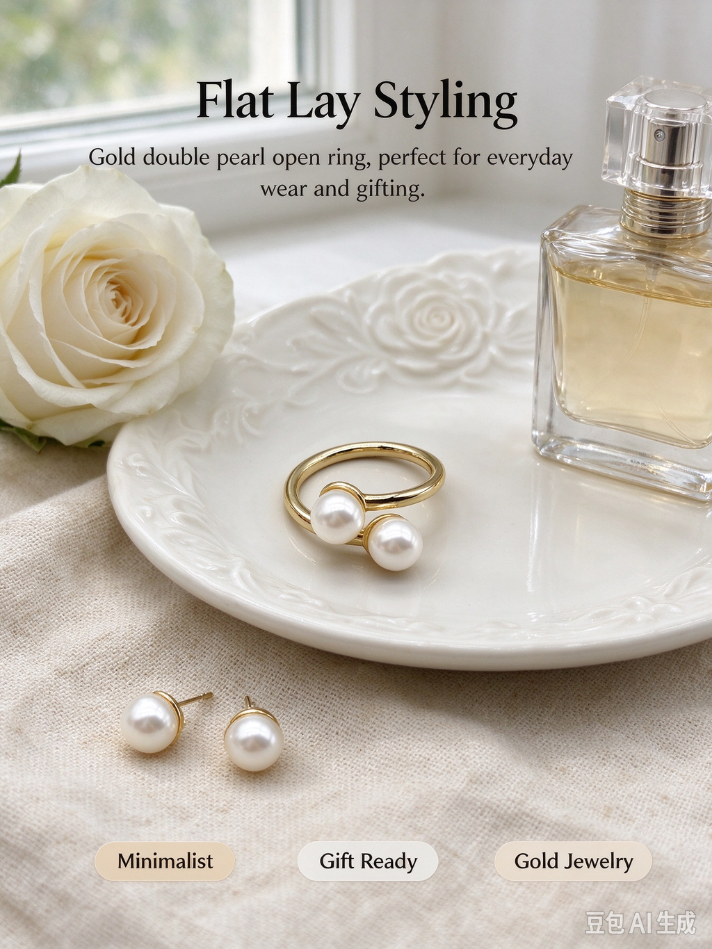 Double Pearl Twist Gold Open Adjustable Ring