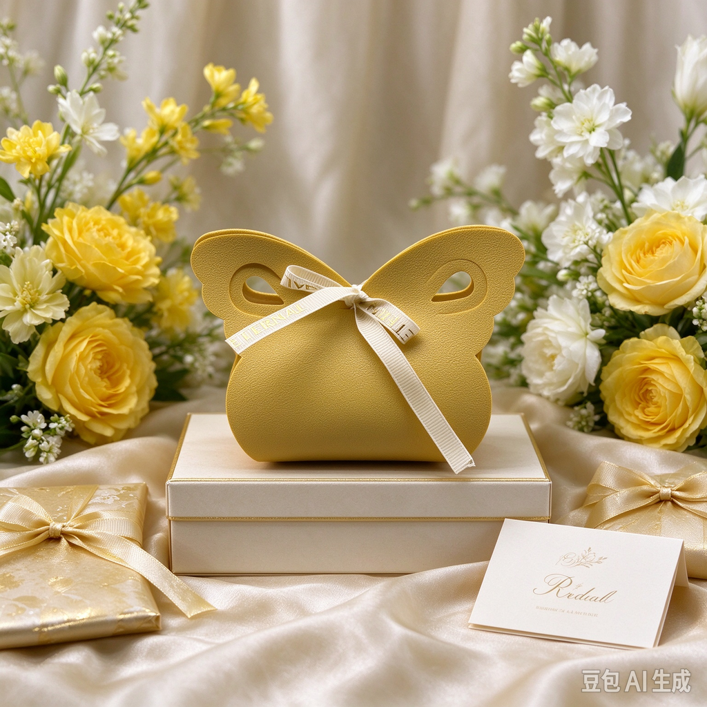Mustard Yellow Butterfly Faux Leather Mini Pouch, White Ribbon Bow Small Gift Bag for Wedding Favors, Bridal Shower, Party Candy & Tiny Trinkets