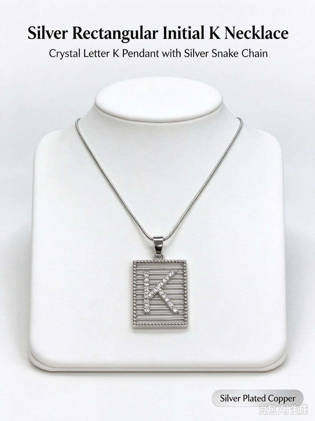 Square Striped K Initial Necklace, Silver Rhinestone Letter Pendant Snake Chain Necklace