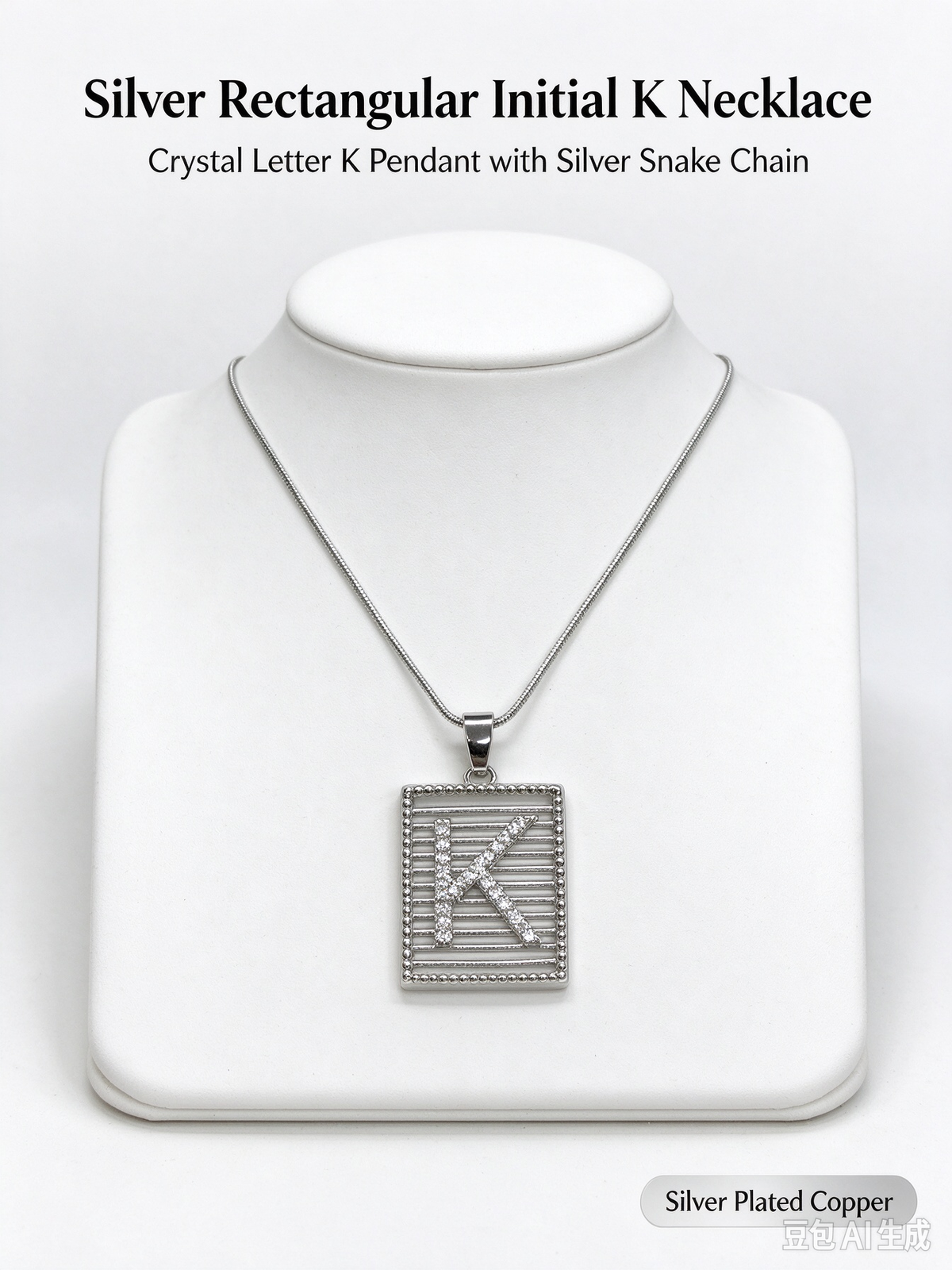 Square Striped K Initial Necklace, Silver Rhinestone Letter Pendant Snake Chain Necklace