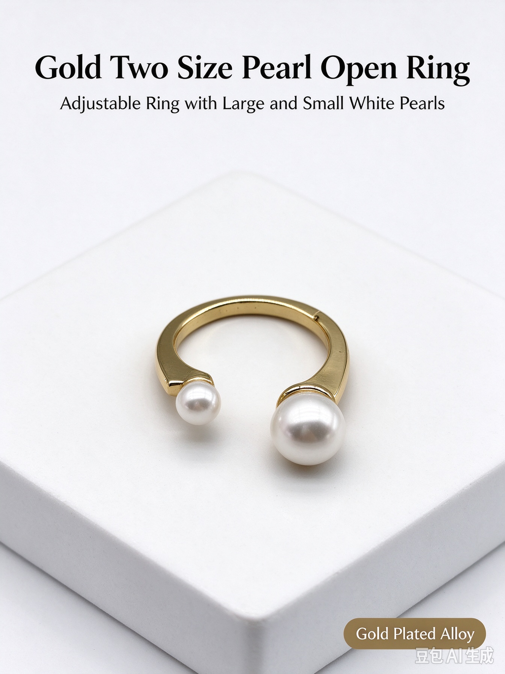 Gold Open Cuff Ring, Two Different Sized White Imitation Pearls Minimalist Adjustable Ring for Women
