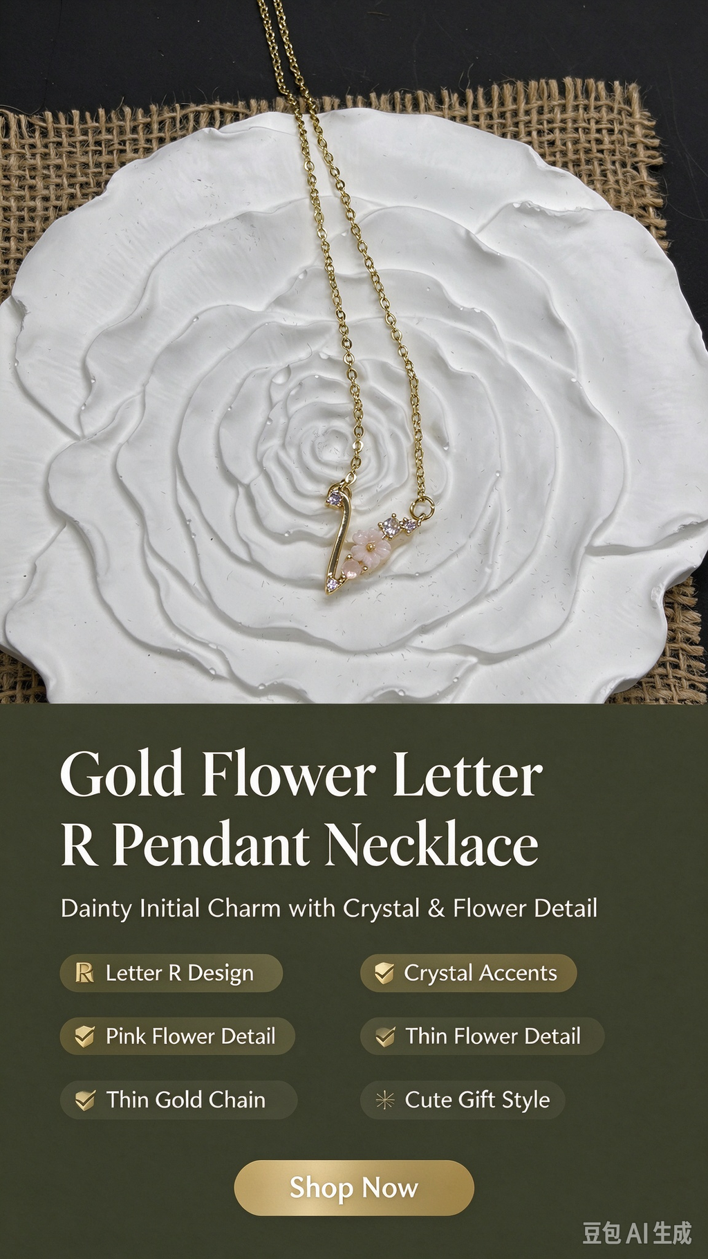 Dainty Gold Floral Letter V Initial Necklace, Pink Flower & Multicolor Crystal Pendant, Romantic Women Letter Jewelry Gift