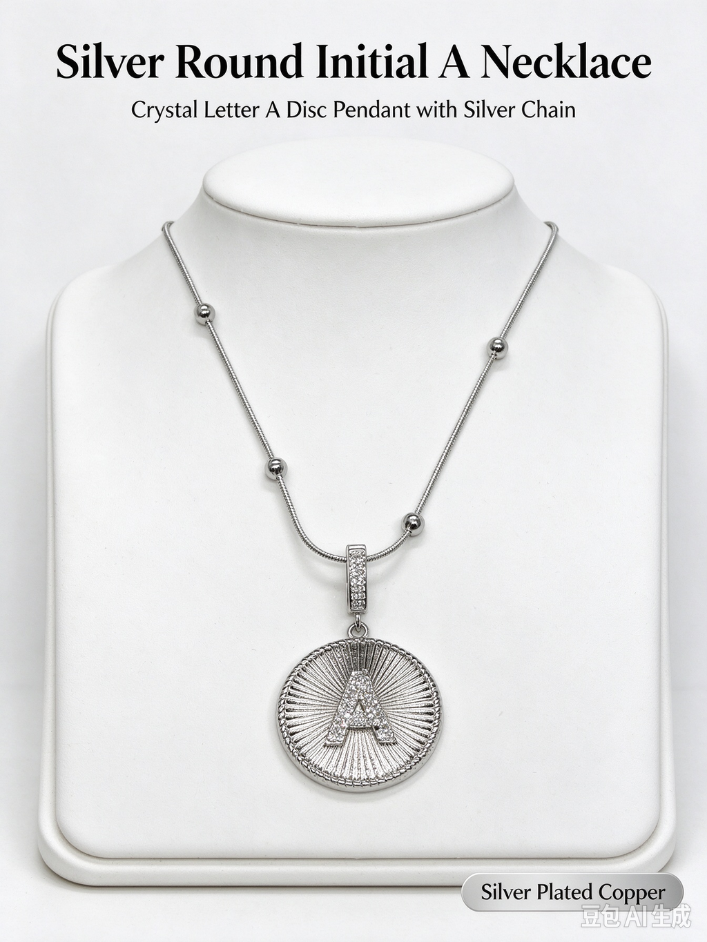 Silver Radiant Medallion CZ Necklace, Sunburst Round Coin Pendant with CZ Inlay, Beaded Silver Snake Chain