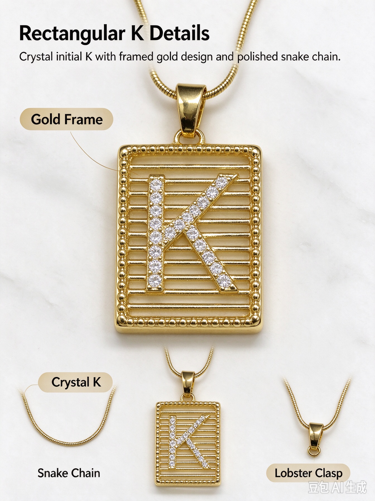 Gold Square Frame Initial K Necklace, Rhinestone Letter Pendant Snake Chain Necklace for Women, Personalized Custom Letter Jewelry Gift