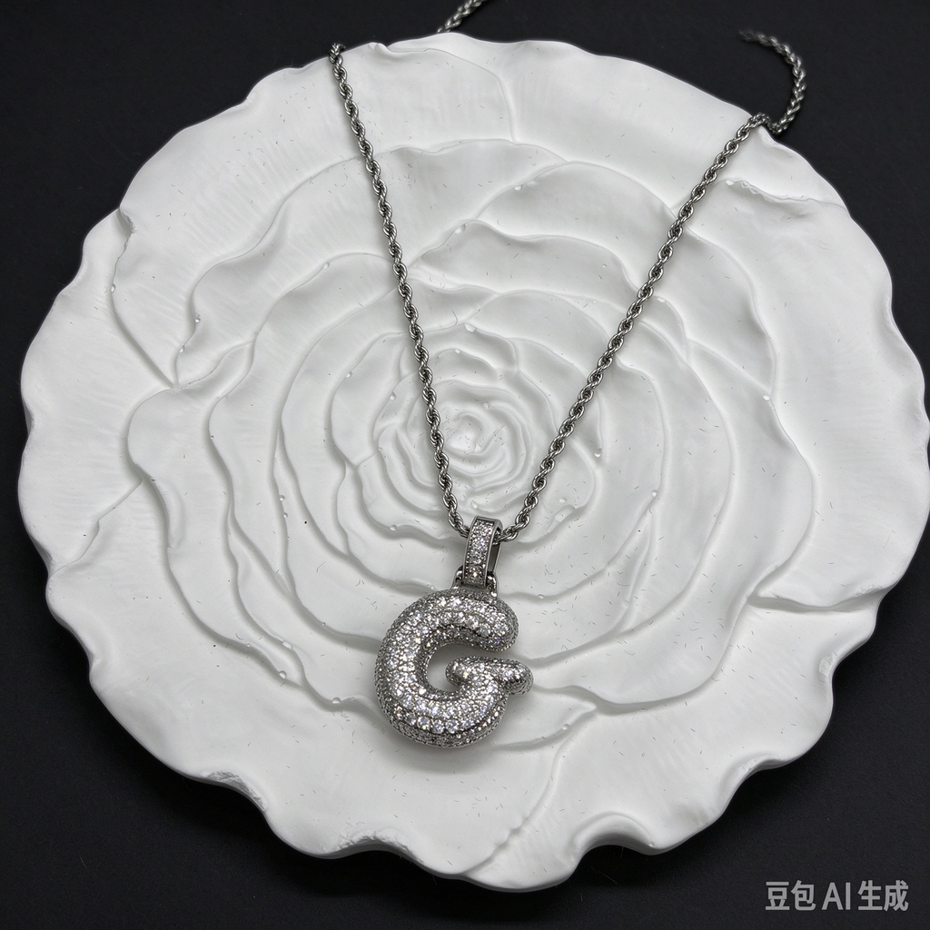 Iced Out Bubble Letter G Necklace, Silver Rhinestone Initial G Pendant with Rope Chain, Unisex Hip Hop Jewelry