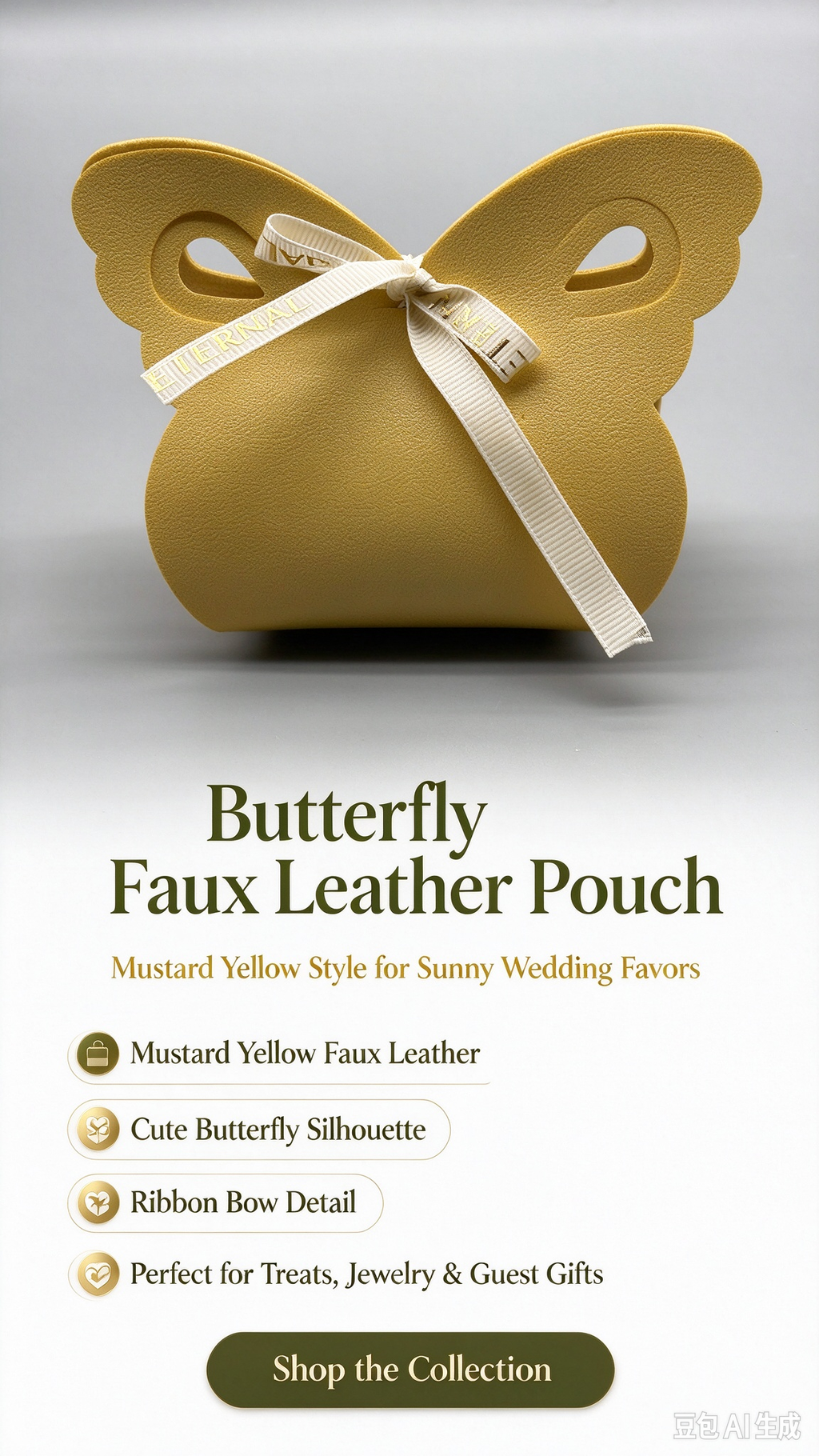 Mustard Yellow Butterfly Faux Leather Mini Pouch, White Ribbon Bow Small Gift Bag for Wedding Favors, Bridal Shower, Party Candy & Tiny Trinkets