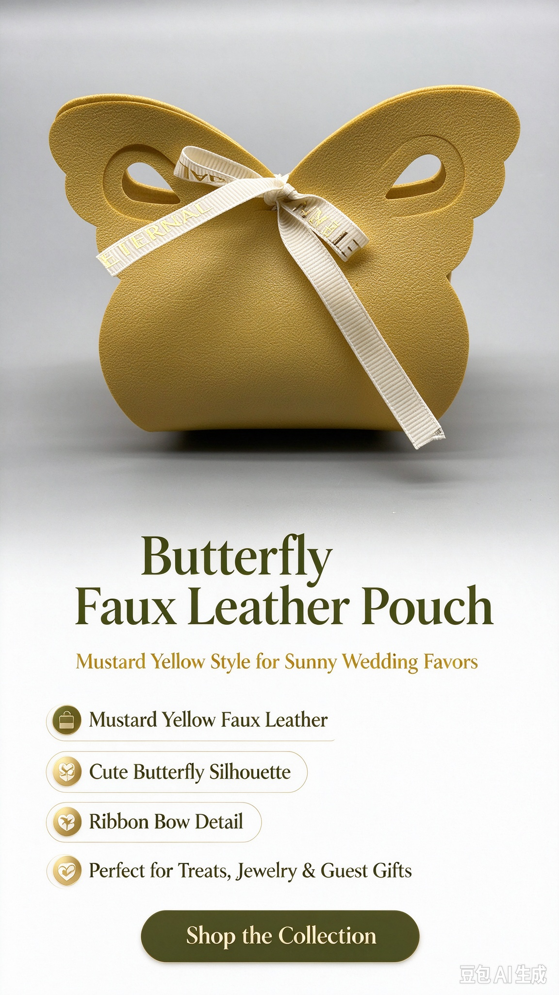 Mustard Yellow Butterfly Faux Leather Mini Pouch, White Ribbon Bow Small Gift Bag for Wedding Favors, Bridal Shower, Party Candy & Tiny Trinkets