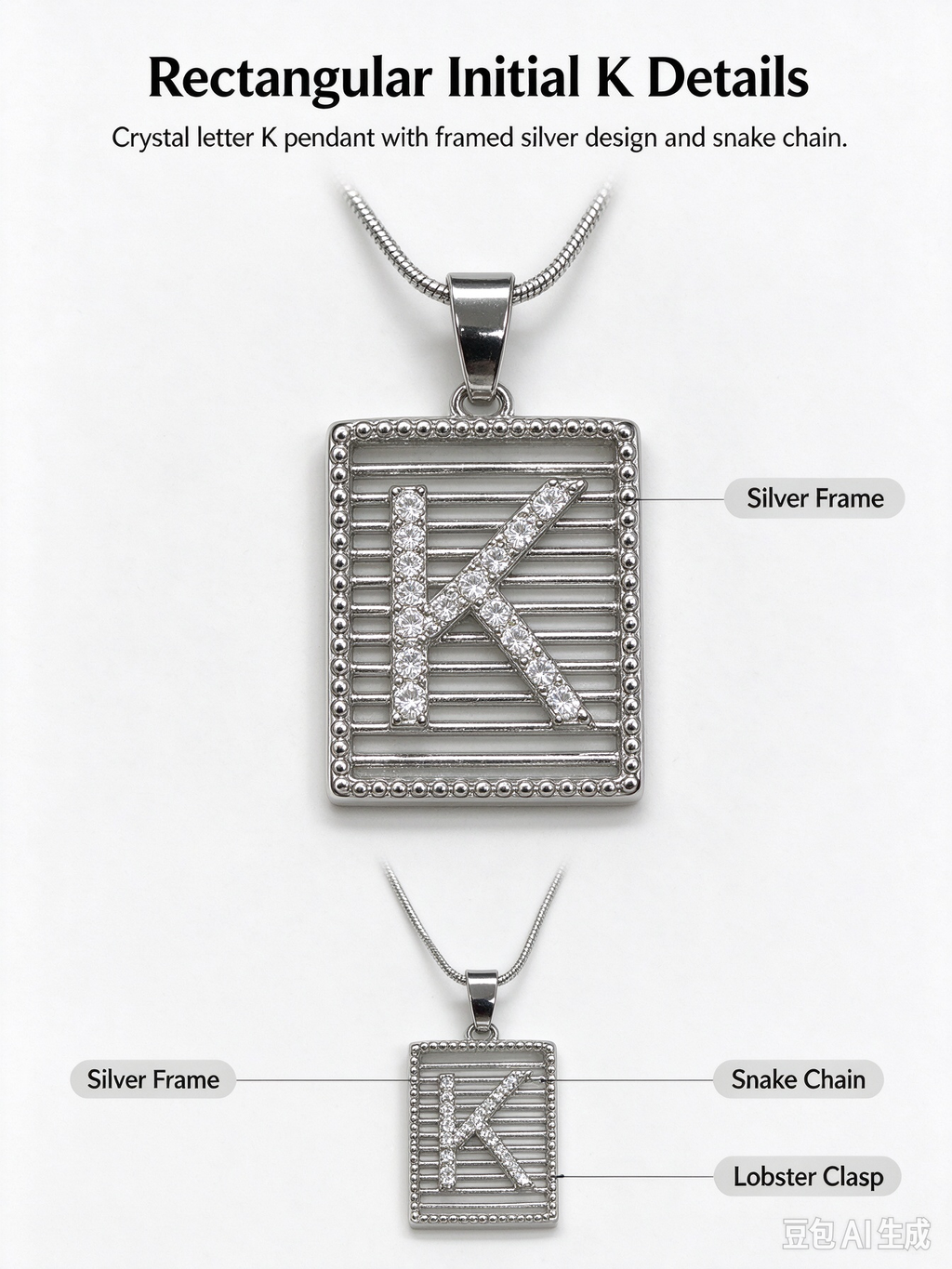 Square Striped K Initial Necklace, Silver Rhinestone Letter Pendant Snake Chain Necklace