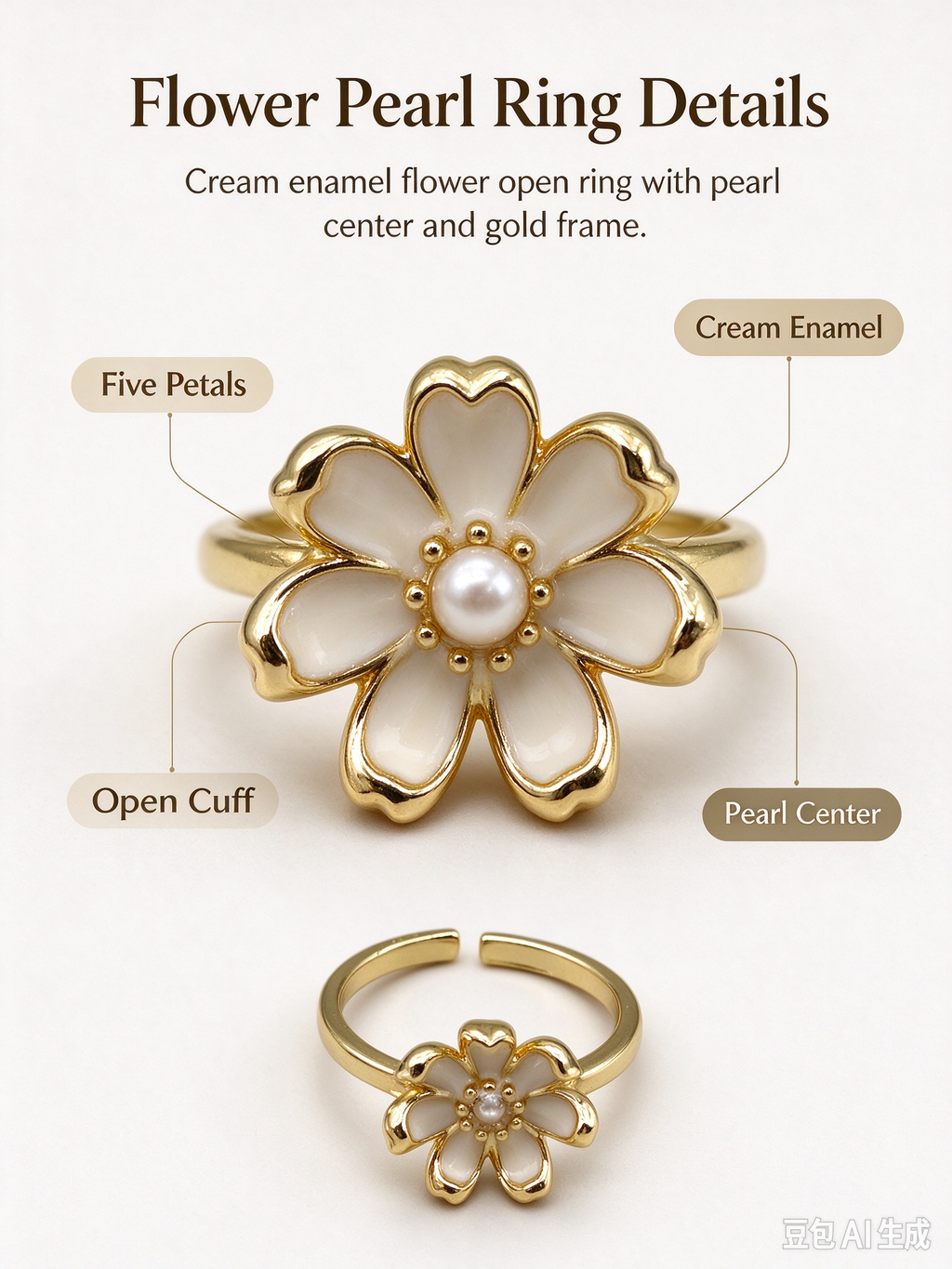 Mini Cream Enamel Flower Open Ring, Dainty Adjustable Floral Stackable Ring for Women