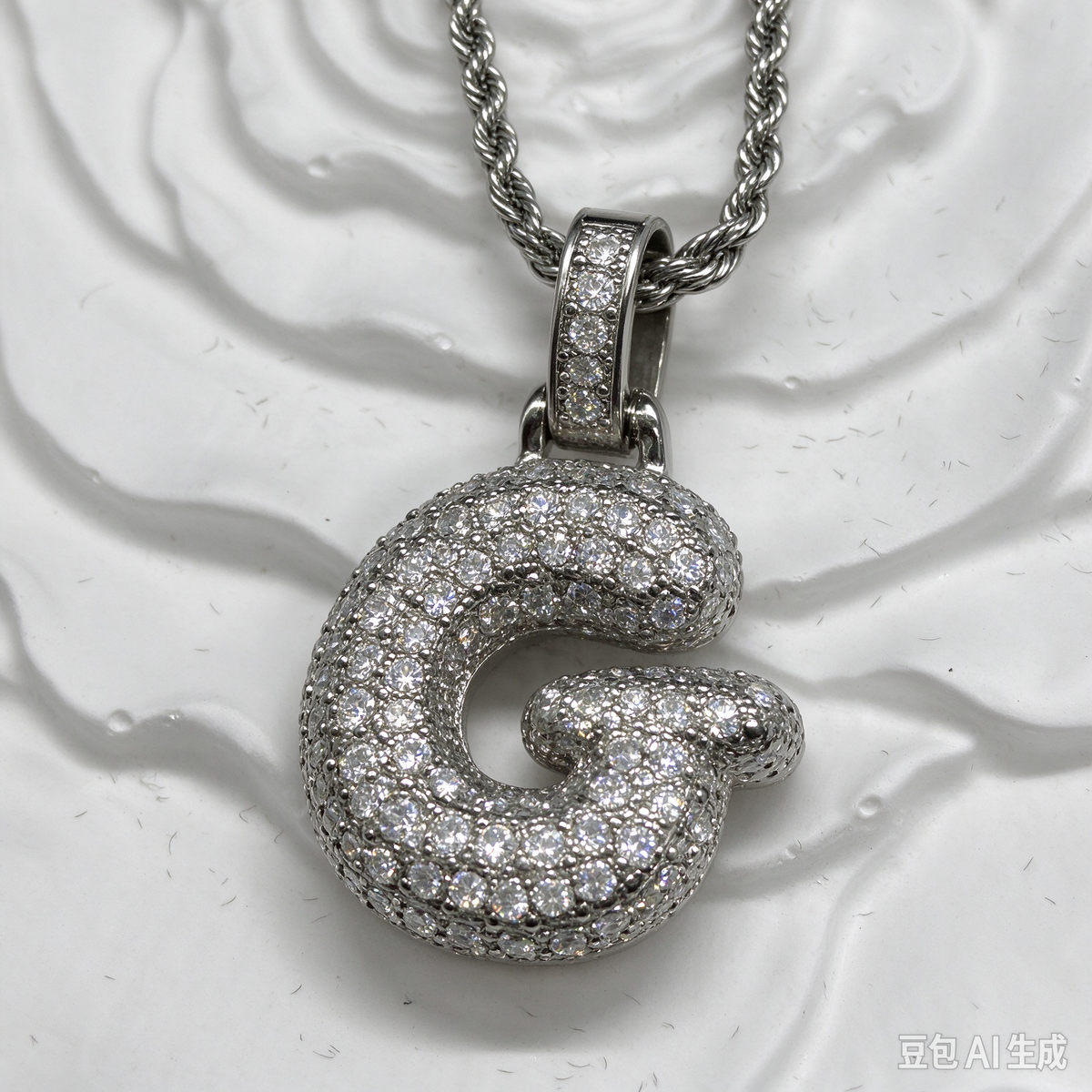 Iced Out Bubble Letter G Necklace, Silver Rhinestone Initial G Pendant with Rope Chain, Unisex Hip Hop Jewelry